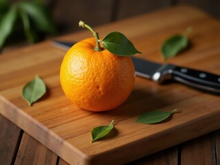 Fresh orange with leaves sitting on wooden cutting board