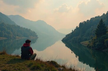 Fototapeta premium A person sits peacefully on the shore of a lake, surrounded by lush mountains as a soft mist envelops the landscape during afternoon hours. Generative AI
