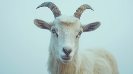  a white goat with long horns standing in front of a blue sky Its fur is a pristine white color, and its horns are curved and long The sky is a deep blue, with a f