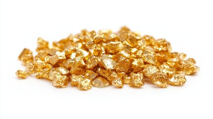  a pile of gold nuggets on a white background, glimmering in the light