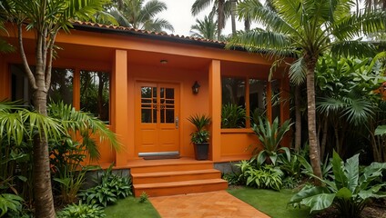 Fototapeta premium Bright orange house with tropical garden.