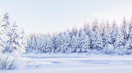 Fototapeta premium Winter forest landscape with snow-covered trees, a frozen pond in the background, and a cold blue sky above, snow, serenity