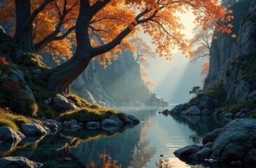 Colorful leaves reflect in calm water as sunlight filters through trees in a peaceful valley, creating a tranquil atmosphere. Generative AI
