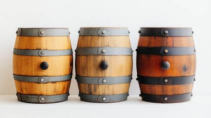 Obraz premium Rustic wooden barrels in a row against a light background