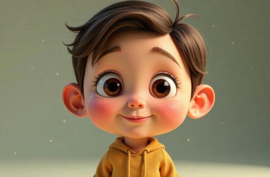 A cheerful boy with large eyes and short brown hair smiles brightly, wearing a yellow hoodie in a softly lit background, radiating happiness. Generative AI - Powered by Adobe