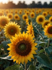 Fototapeta premium Bright sunflowers in full bloom, with a clear sky for text space.
