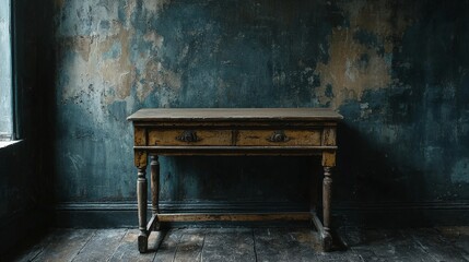 A rustic wooden table against a textured blue wall, evoking a vintage atmosphere.