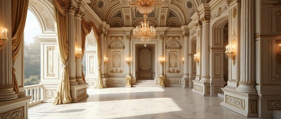 Fototapeta premium a room with a large ceiling and a large window with a light on it.