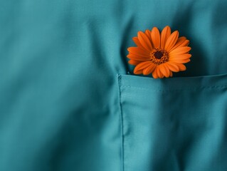 A vibrant orange flower peeks from the pocket of teal nurse scrubs, representing care and compassion in healthcare, with space for additional text