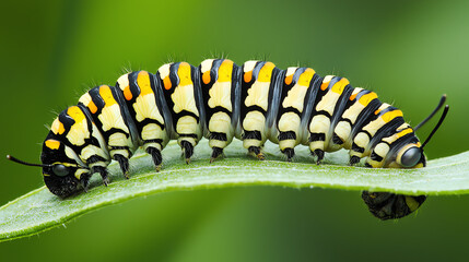 Fototapeta premium Macro shot captures a vibrant caterpillar grazing on a green leaf in a natural setting