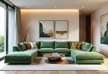 Green sofa, a current and new season trend, in a living room with large windows and an abstract painting