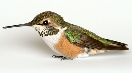 Fototapeta premium a close up of a hummingbird with a long beak perched on a white surface Its feathers are a mix of green, brown, white and orange, and its eyes are a deep black It