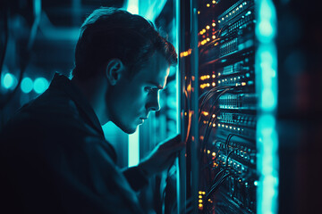 A network engineer connecting cables in a dimly lit server room, showcasing the precision and expertise required for maintaining IT infrastructure.