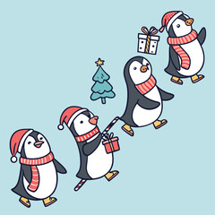 A parade of playful penguins in holiday attire, like scarves, hats, and earmuffs, each holding a festive objectr Vector Artwork