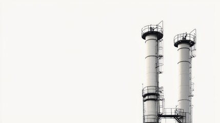 Obraz premium a black and white photo of two tall chimneys against a white background The chimneys are tall and cylindrical in shape, with railings along the sides