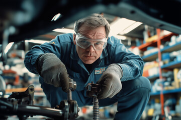 A mechanic wearing safety goggles and gloves, focused on tightening bolts in a workshop, showcasing precision and safety in auto repair.