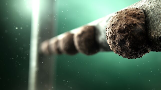  a close up of a pipe with a lot of dirt on it, and in the center of the image there is a brown object, which appears to be an anthill The background is blurred, gi