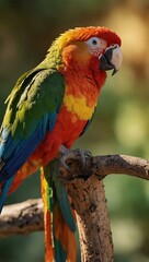 Obraz premium Brightly colored parrots in warm sunlight.