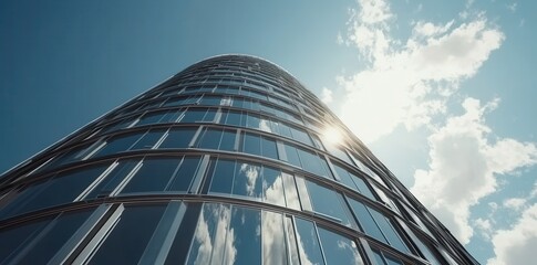 3D depiction of a morning view of a glass building in perspective