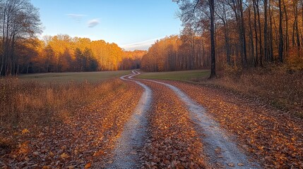 Obraz premium Winding dirt road through autumn forest.