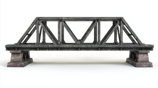  a 3D model of a truss bridge on a white background The bridge is composed of two trusses, each with a curved top and a flat bottom The truss is made of metal and