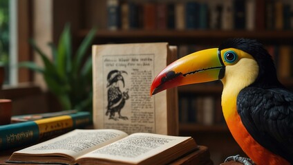 Brilliantly colored toucan reading a book in a cozy setting.