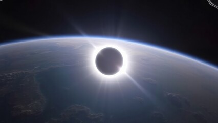  A solar eclipse viewed from orbit, showing the moon&rsquo;s shadow on Earth.