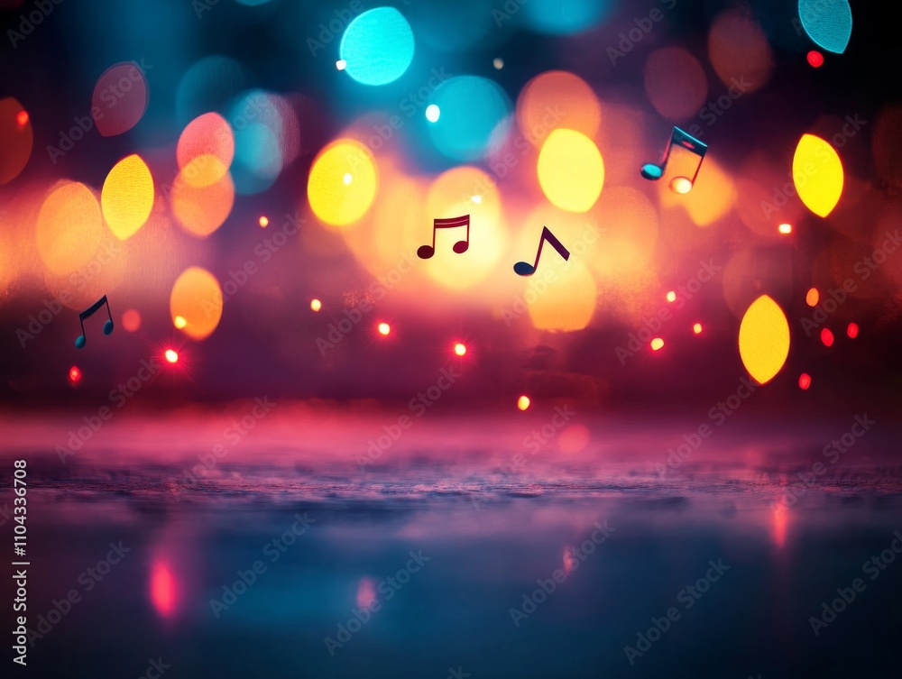Poster Swirling musical notes float gracefully against a blurred, colorful bokeh background, creating an enchanting atmosphere filled with rhythm and creativity