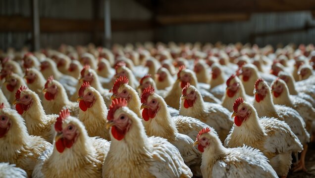 Broiler chickens packed in a bird farm.