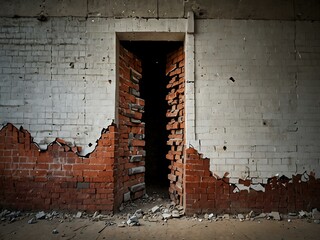 Broken brick wall in a building.