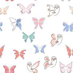 Woman face Continuous line seamless pattern. Abstract Female portrait with Butterfly. Drawing vector Wallpaper, fabric, wrapping paper, card, poster