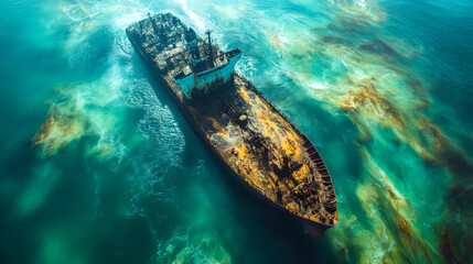 Aerial view of rusted shipwreck in turquoise ocean waters