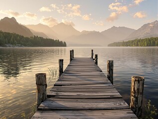 Fototapeta premium A peaceful lakeside scene with a wooden dock and distant mountains, nature, mountains