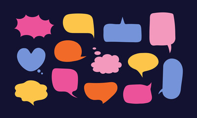 Multicolored hand drawn speech bubbles set. Blank text block templates for chats and social media.
