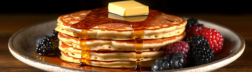 Buttery pancakes stacked high with syrup and fresh berries.