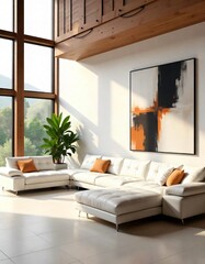 White sofa, a current and new season trend, in a living room with large windows and an abstract painting