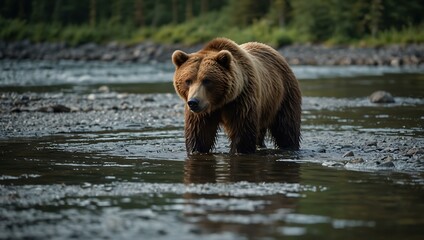 Obraz premium Brown bear fishing in a clear mountain stream.