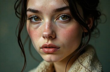A young woman gazes thoughtfully, her warm brown eyes reflecting emotion. The soft lighting highlights her delicate features and cozy attire. Generative AI