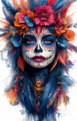 Close-up portrait of a Santa Muerte woman. Mexican sugar skull makeup. The Santa Muerte Woman. An iconic figure of Mexican culture. Santa Muerte's model. Generate AI.