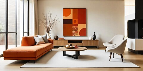 Current and new season trend sideboard in a living room with an abstract painting