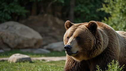 Obraz premium Brown bear in a large zoo enclosure.