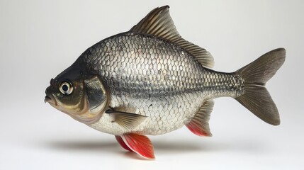Fototapeta premium a silver fish with red fins on a white background Its scales glimmer in the light, and its fins are spread out in a fan-like shape Its eyes are large and round, a