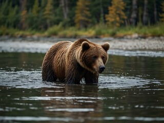 Obraz premium Brown bear wading through a river.