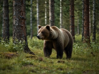 Obraz premium Brown bear walking through a forest glade, summer in Finland.