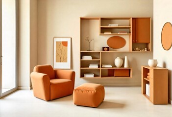 Orange sofa with armchairs, current and new season trend