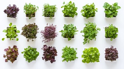 Obraz premium a white wall with a variety of microgreens in small white pots, providing a visual representation of how to grow lettuce indoors The plants are arranged in a neat