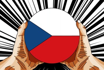 Czech national flag, 3d illustration of a hand holding a round flag, comic background, pop art