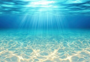 Fototapeta premium Tranquil Underwater Scene with Sunlight Rays Shining Through Crystal Clear Ocean Water over Soft Sandy Bottom