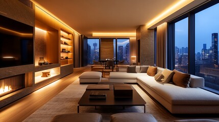 Modern Urban Living Room With City Skyline View During Twilight Hours
