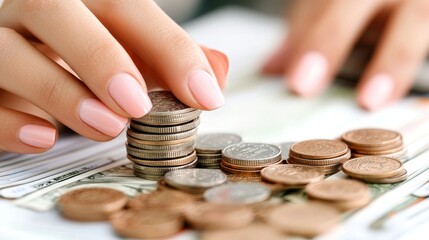   a woman's hand putting coins on top of a pile of money, with a blurred background The coins appear to be of various sizes and colors, suggesting that the woman is saving money